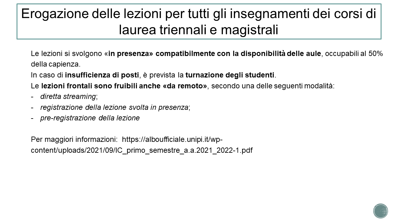 Modalità di svolgimento delle lezioni - I semestre a.a. 2021/22