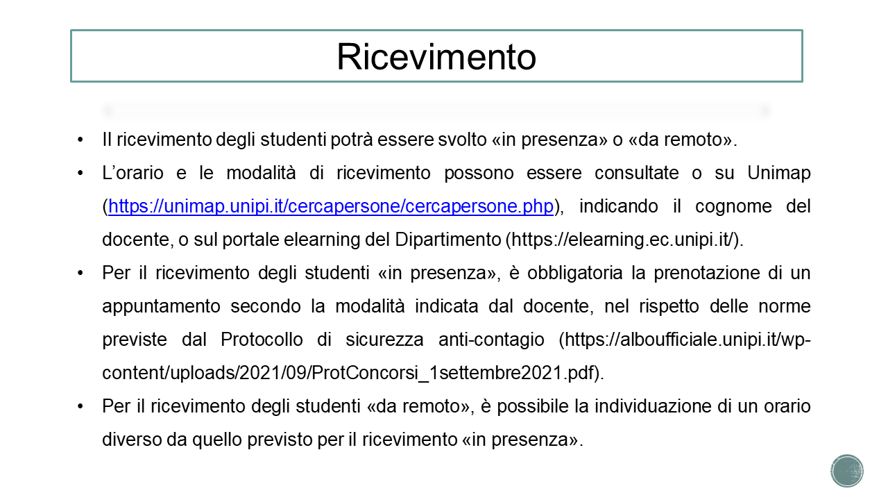 Modalità di svolgimento delle lezioni - I semestre a.a. 2021/22